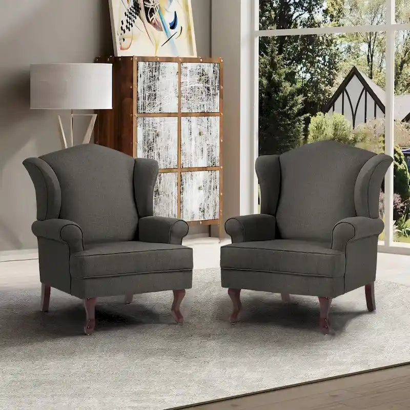 Set di 2 poltrone decorative tradizionali con schienale ad ala, imbottite