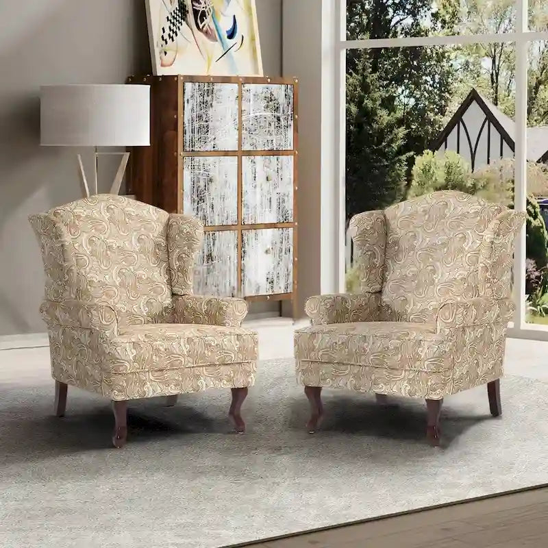 Set di 2 poltrone decorative tradizionali con schienale ad ala, imbottite