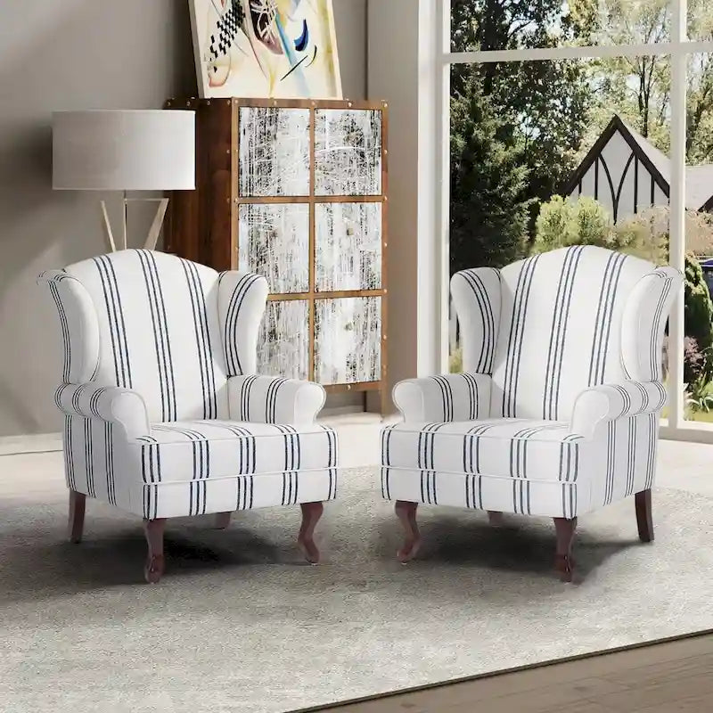 Set di 2 poltrone decorative tradizionali con schienale ad ala, imbottite