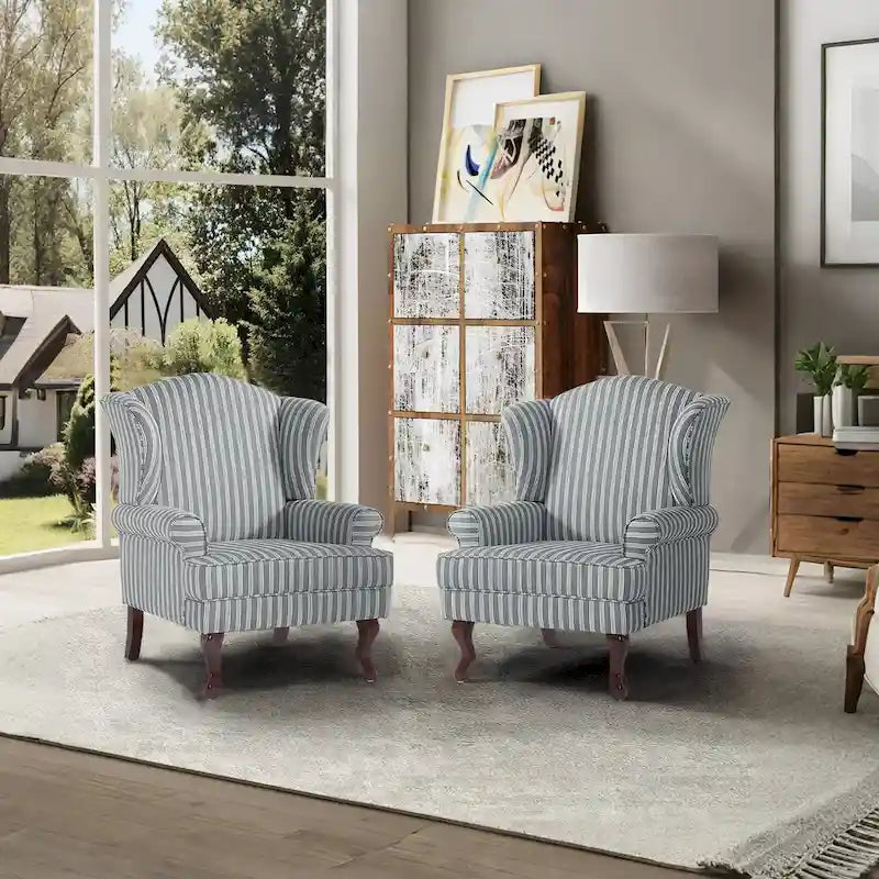 Set di 2 poltrone decorative tradizionali con schienale ad ala, imbottite