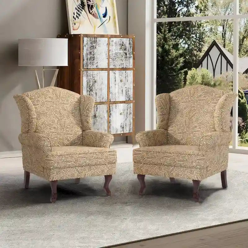 Set di 2 poltrone decorative tradizionali con schienale ad ala, imbottite