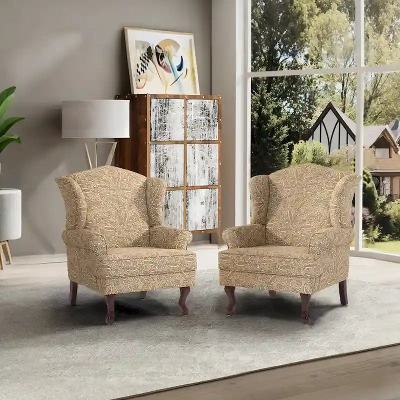 Set di 2 poltrone decorative tradizionali con schienale ad ala, imbottite
