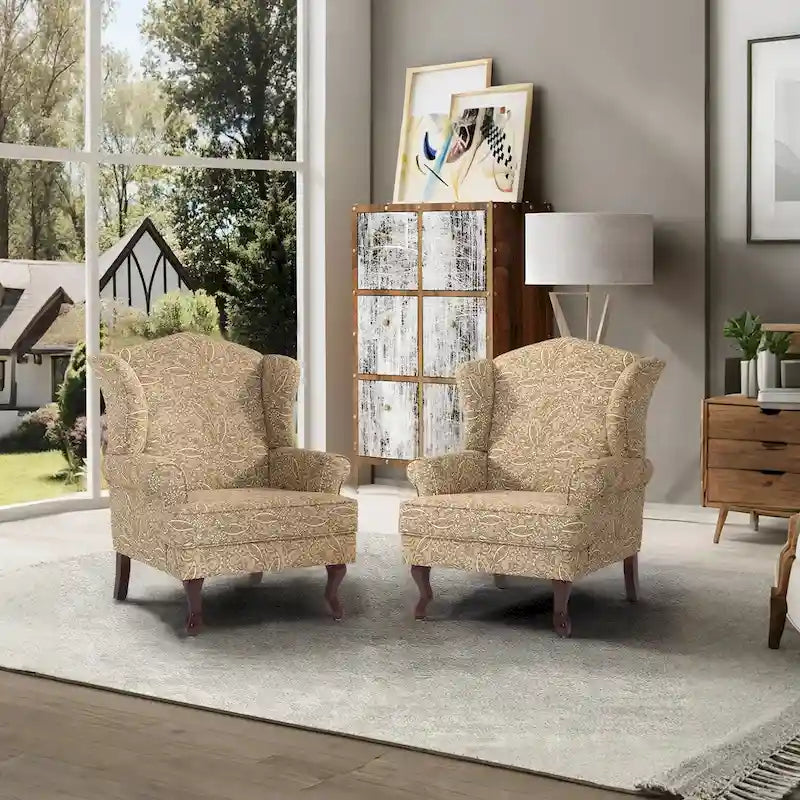 Set di 2 poltrone decorative tradizionali con schienale ad ala, imbottite