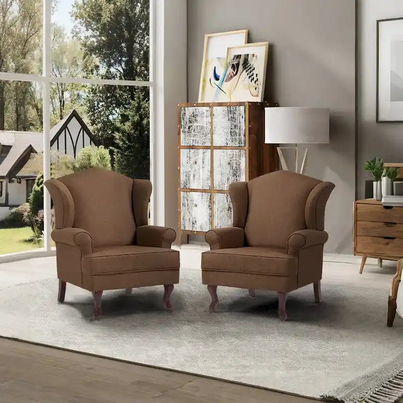 Set di 2 poltrone decorative tradizionali con schienale ad ala, imbottite