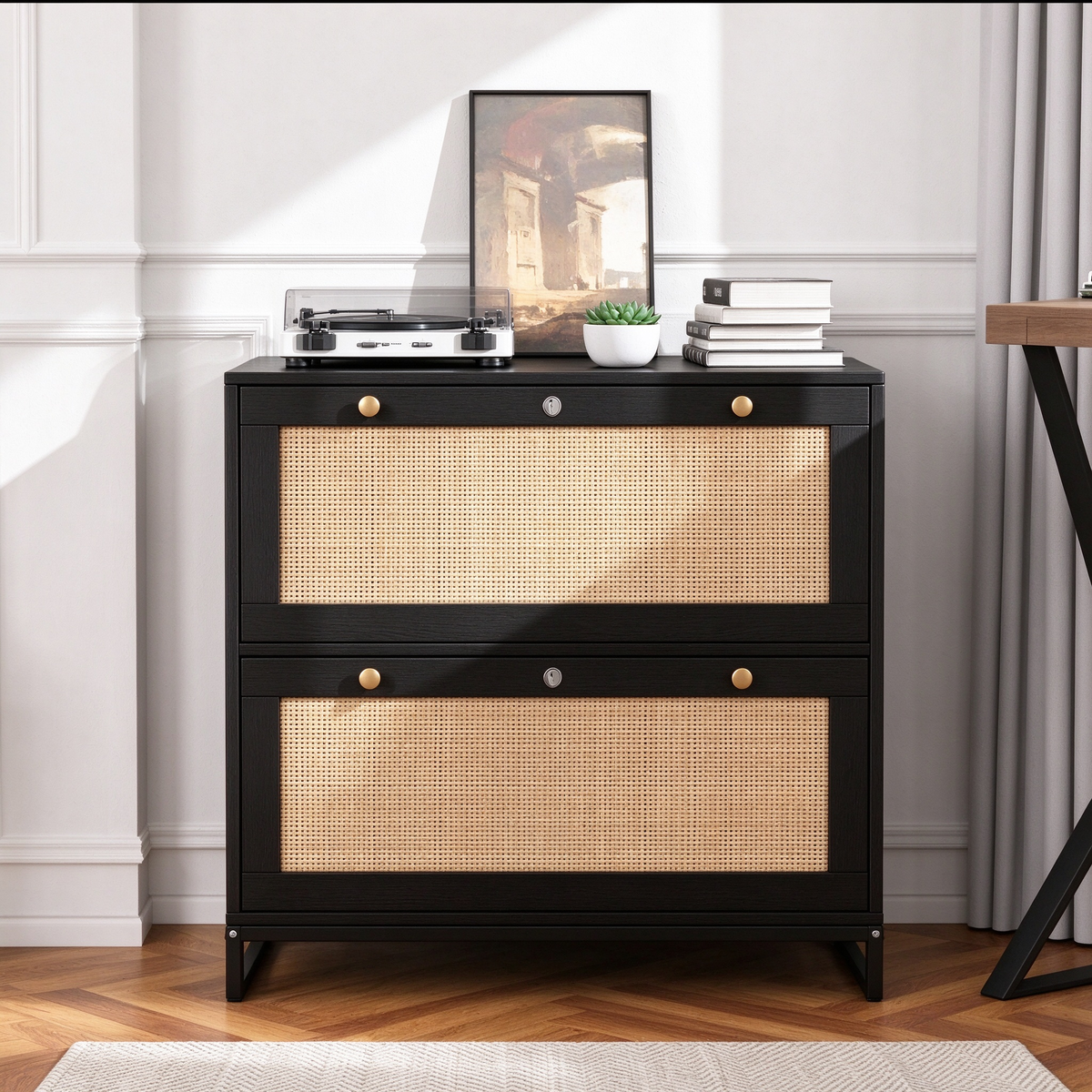 Wood Rattan 2-Drawer Lateral File Cabinet with Lock for Home Office