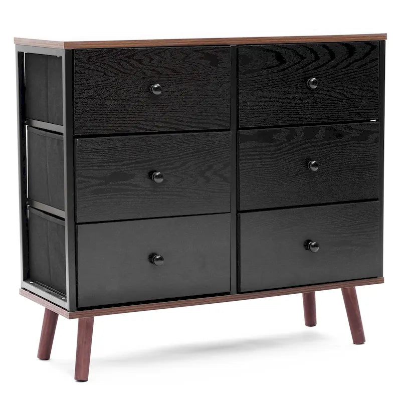 Black Manufactured Wood 6-Drawer Accent Chest with Brown Accents