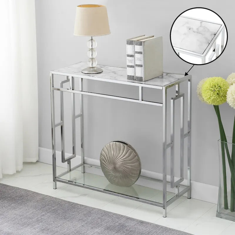 Chromfarbener Flurtisch aus Glas in Marmoroptik