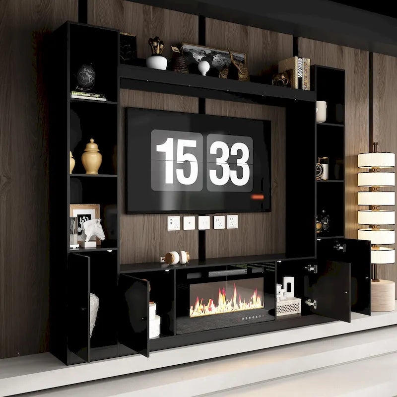 Entertainment Hub w/Fireplace Insert Compatibility Sleek Media Center