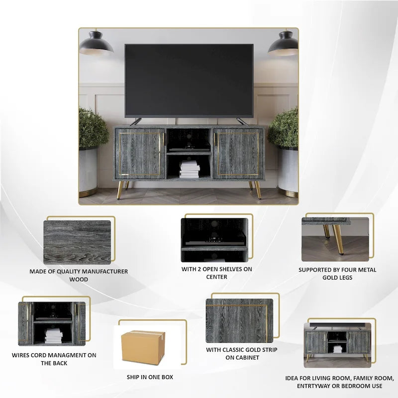 Elegante moderne TV-Ständer-Konsole mit goldfarbenen Metallbeinen