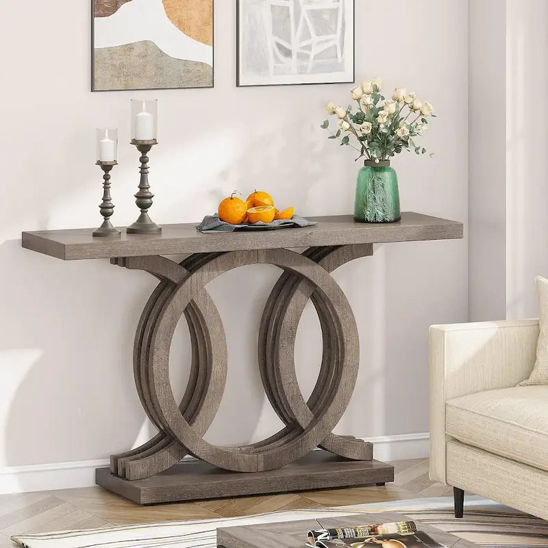 Tavolo consolle vintage con base geometrica, tavolo da ingresso in legno