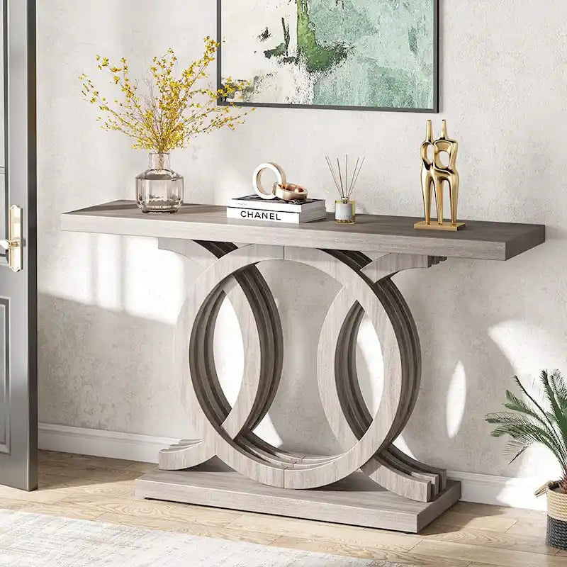 Tavolo consolle vintage con base geometrica, tavolo da ingresso in legno