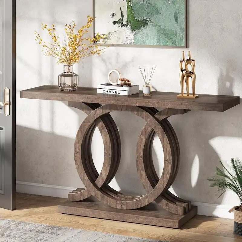 Tavolo consolle vintage con base geometrica, tavolo da ingresso in legno