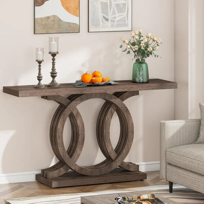 Tavolo consolle vintage con base geometrica, tavolo da ingresso in legno