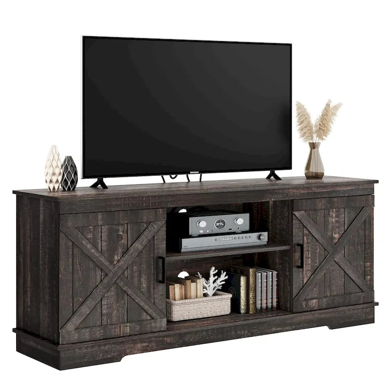 TV-Schrank im Landhausstil für 65-Zoll-Fernseher, Medientisch, Entertainment-Center, rustikale Scheunentüren