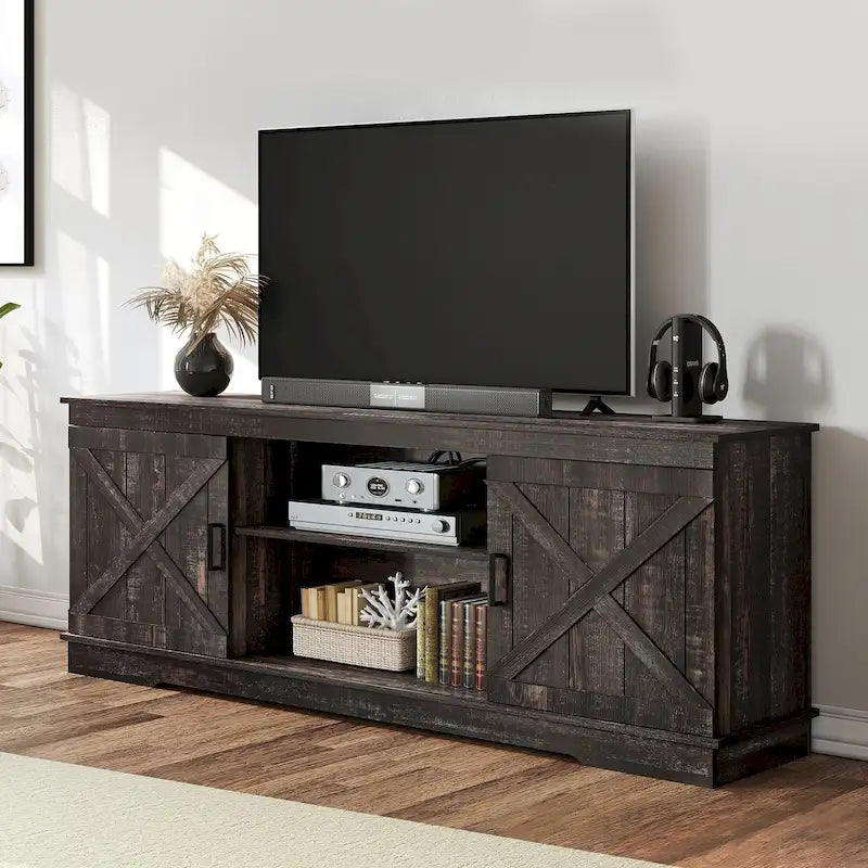 Mobile TV in stile rustico per TV da 65 pollici, console multimediale e centro d'intrattenimento con ante da fienile rustiche