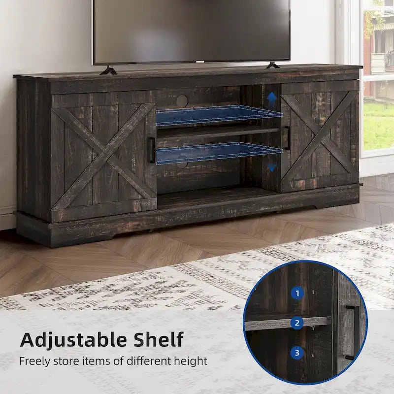 TV-Schrank im Landhausstil für 65-Zoll-Fernseher, Medientisch, Entertainment-Center, rustikale Scheunentüren