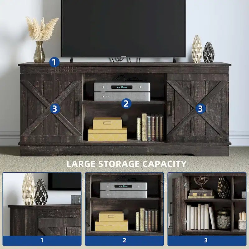 TV-Schrank im Landhausstil für 65-Zoll-Fernseher, Medientisch, Entertainment-Center, rustikale Scheunentüren