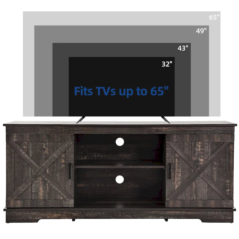 TV-Schrank im Landhausstil für 65-Zoll-Fernseher, Medientisch, Entertainment-Center, rustikale Scheunentüren