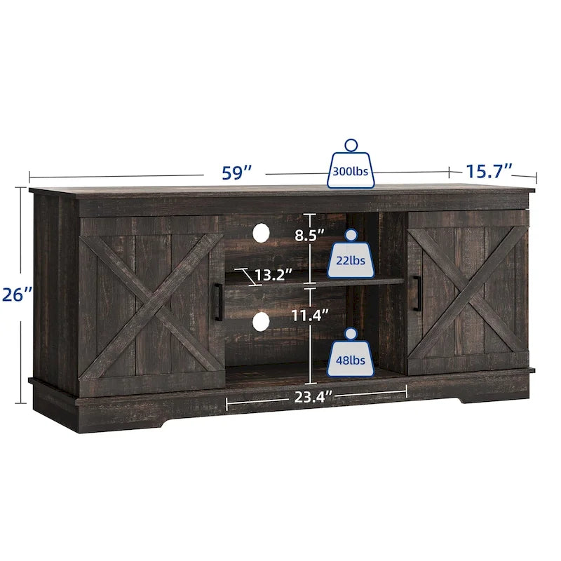 TV-Schrank im Landhausstil für 65-Zoll-Fernseher, Medientisch, Entertainment-Center, rustikale Scheunentüren