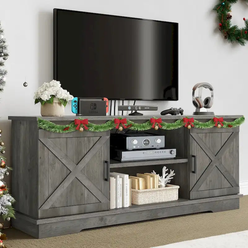 TV-Schrank im Landhausstil für 65-Zoll-Fernseher, Medientisch, Entertainment-Center, rustikale Scheunentüren