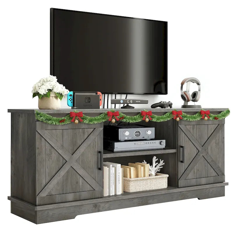 TV-Schrank im Landhausstil für 65-Zoll-Fernseher, Medientisch, Entertainment-Center, rustikale Scheunentüren