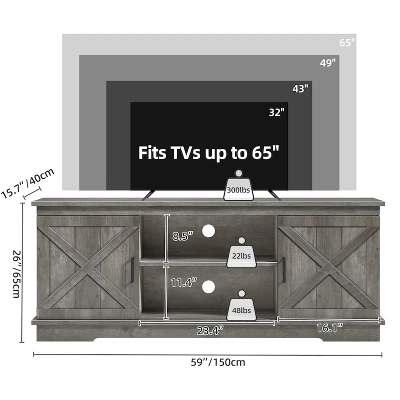 TV-Schrank im Landhausstil für 65-Zoll-Fernseher, Medientisch, Entertainment-Center, rustikale Scheunentüren
