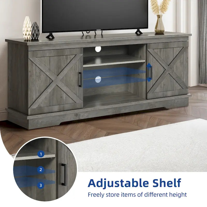 TV-Schrank im Landhausstil für 65-Zoll-Fernseher, Medientisch, Entertainment-Center, rustikale Scheunentüren