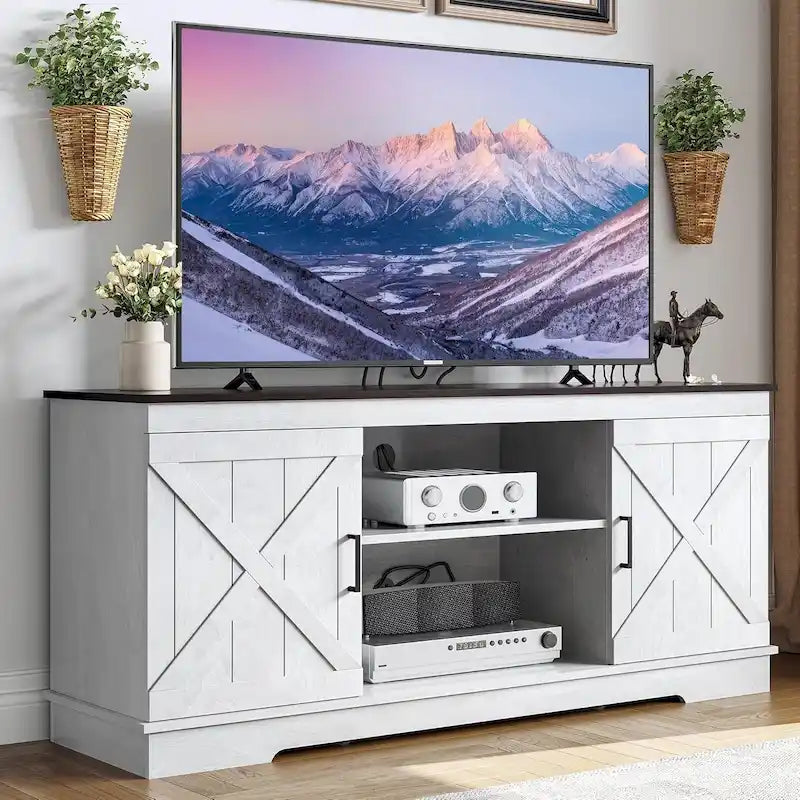 TV-Schrank im Landhausstil für 65-Zoll-Fernseher, Medientisch, Entertainment-Center, rustikale Scheunentüren