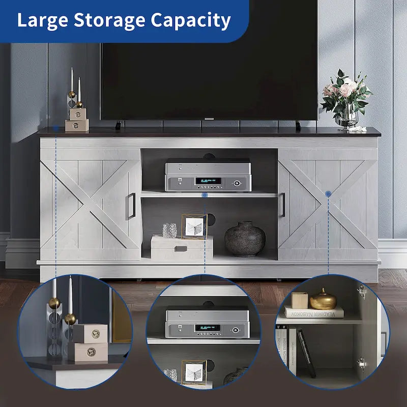 TV-Schrank im Landhausstil für 65-Zoll-Fernseher, Medientisch, Entertainment-Center, rustikale Scheunentüren