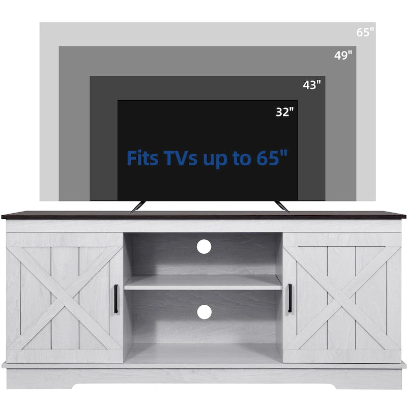 TV-Schrank im Landhausstil für 65-Zoll-Fernseher, Medientisch, Entertainment-Center, rustikale Scheunentüren