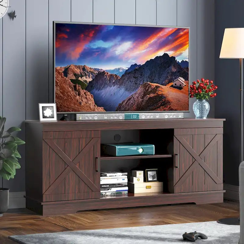 TV-Schrank im Landhausstil für 65-Zoll-Fernseher, Medientisch, Entertainment-Center, rustikale Scheunentüren