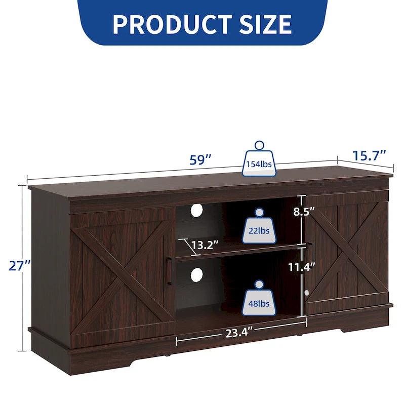 TV-Schrank im Landhausstil für 65-Zoll-Fernseher, Medientisch, Entertainment-Center, rustikale Scheunentüren