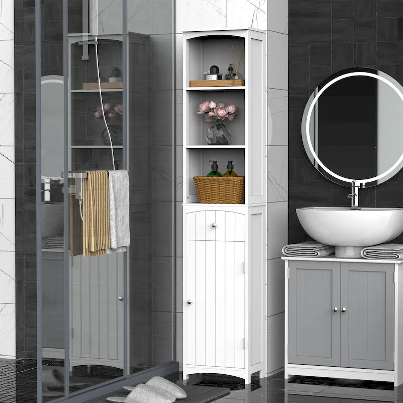 HOMCOM 67 Tall Bathroom Storage Cabinet, Freestanding Linen Tower with 3-Tier Shelf, Narrow Side Floor Organizer, White