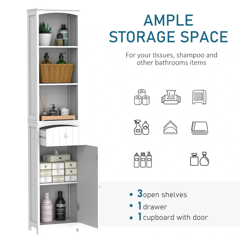 67 Tall Bathroom Storage Cabinet, Freestanding Linen Tower with 3-Tier Shelf, Narrow Side Floor Organizer, White