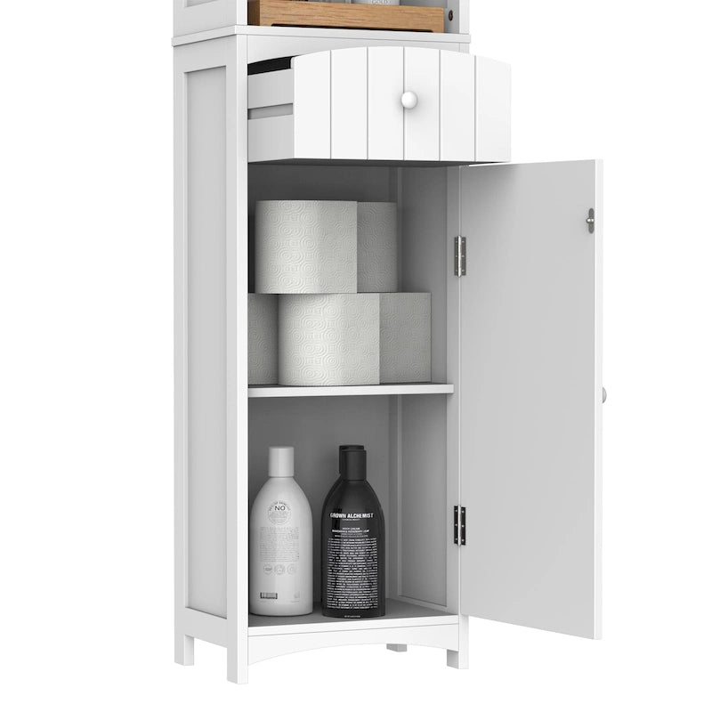 67 Zoll hoher Badezimmerschrank, freistehender Wäscheschrank mit 3-stufigem Regal, schmaler seitlicher Bodenorganizer, Weiß