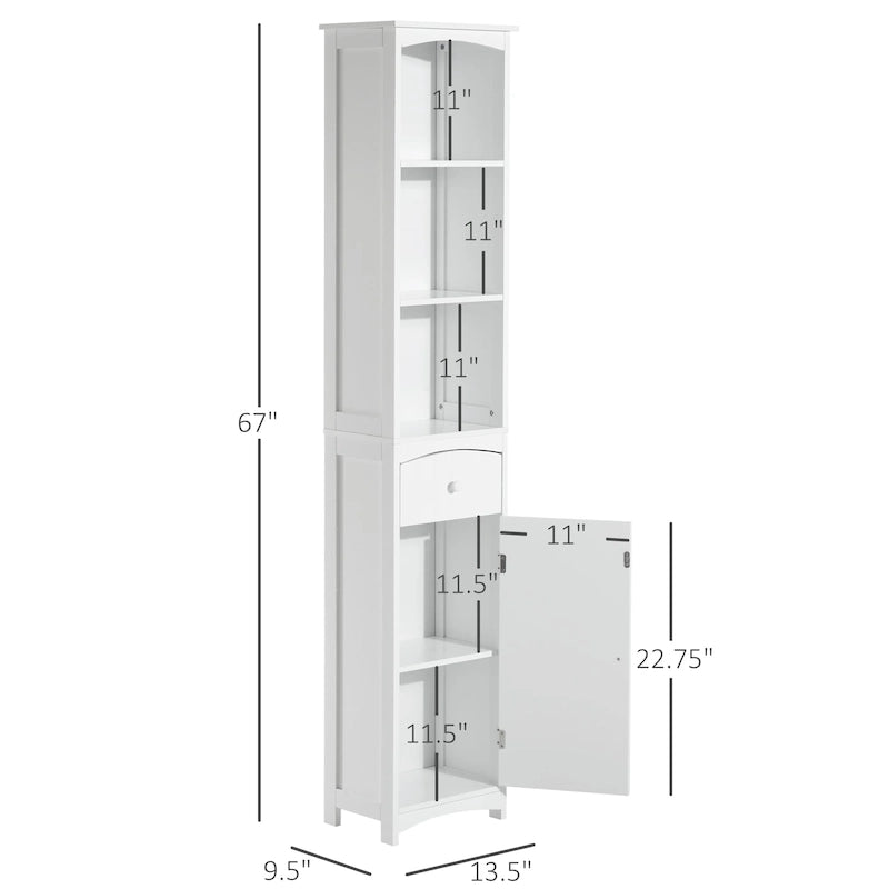 67 Zoll hoher Badezimmerschrank, freistehender Wäscheschrank mit 3-stufigem Regal, schmaler seitlicher Bodenorganizer, Weiß