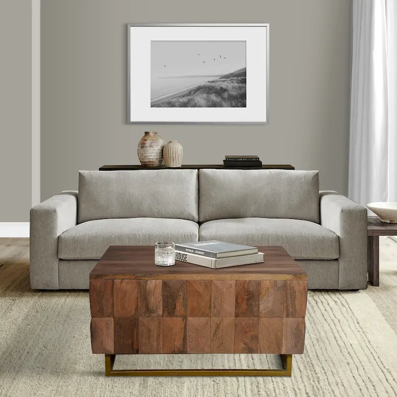 33 Inch Lift Top Storage Trunk Coffee Table, Square, Mango Wood, Natural Brown