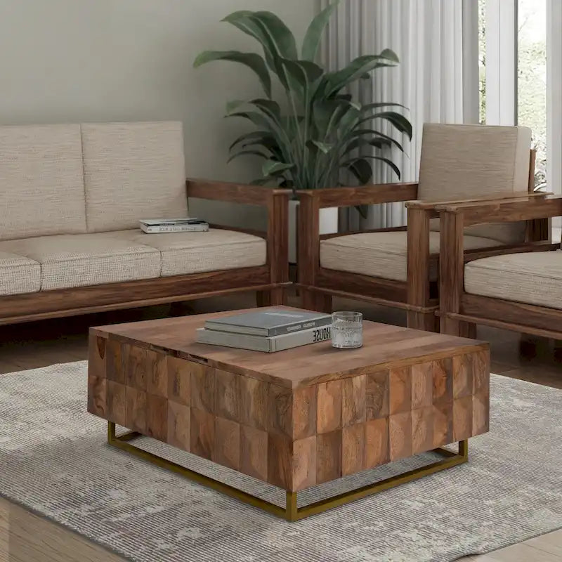 Baule contenitore e tavolino da caffè, quadrato, in legno di mango, marrone naturale