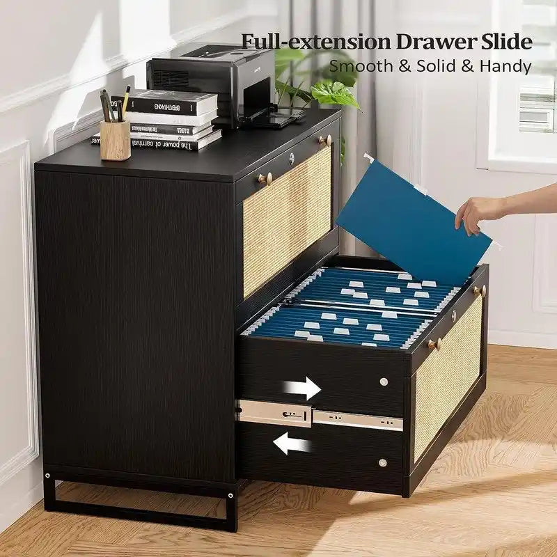 Wood Rattan 2-Drawer Lateral File Cabinet with Lock for Home Office