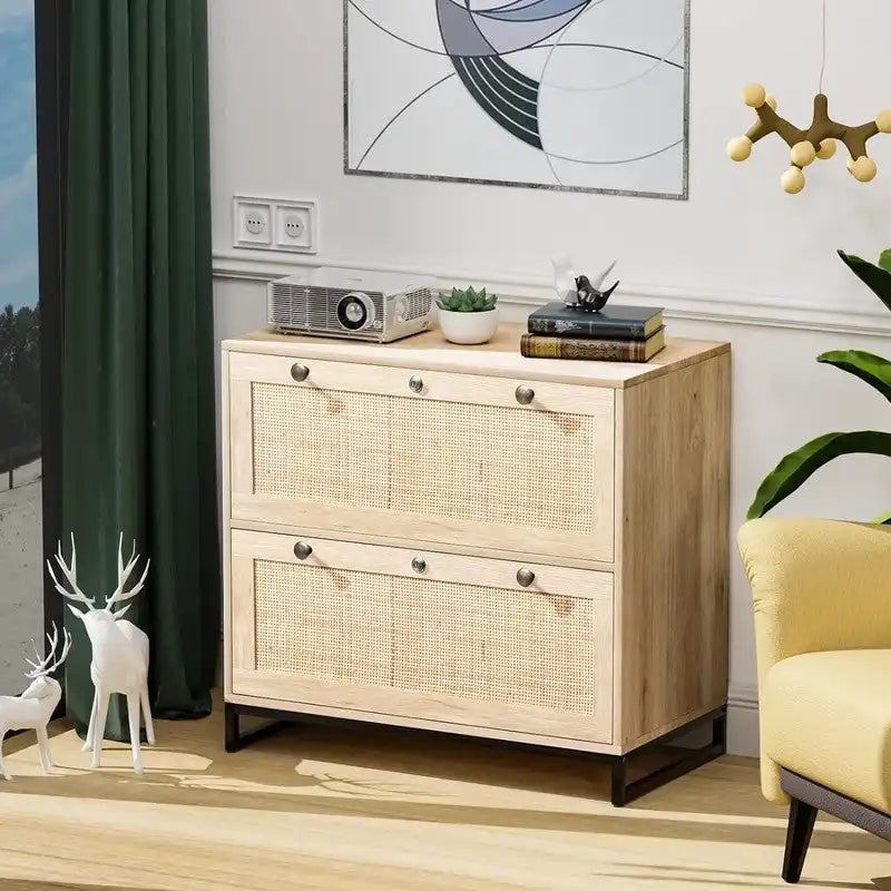 Wood Rattan 2-Drawer Lateral File Cabinet with Lock for Home Office