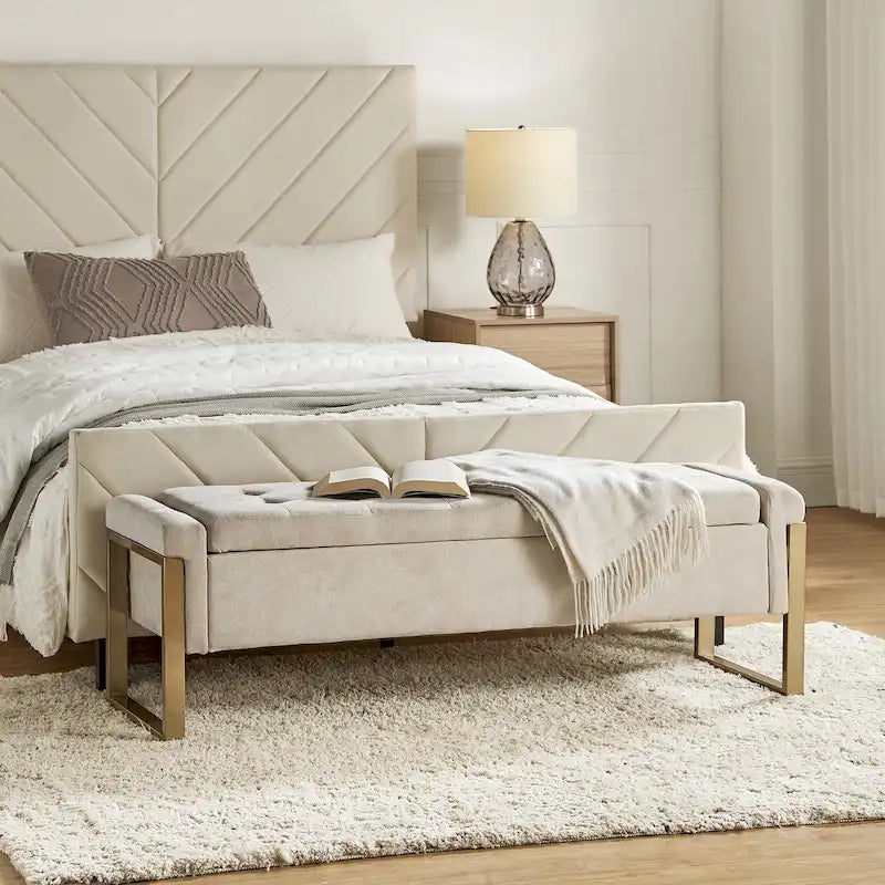 Alina Modern Upholstered Flip Top Storage Bench with Metal Legs by HULALA HOME