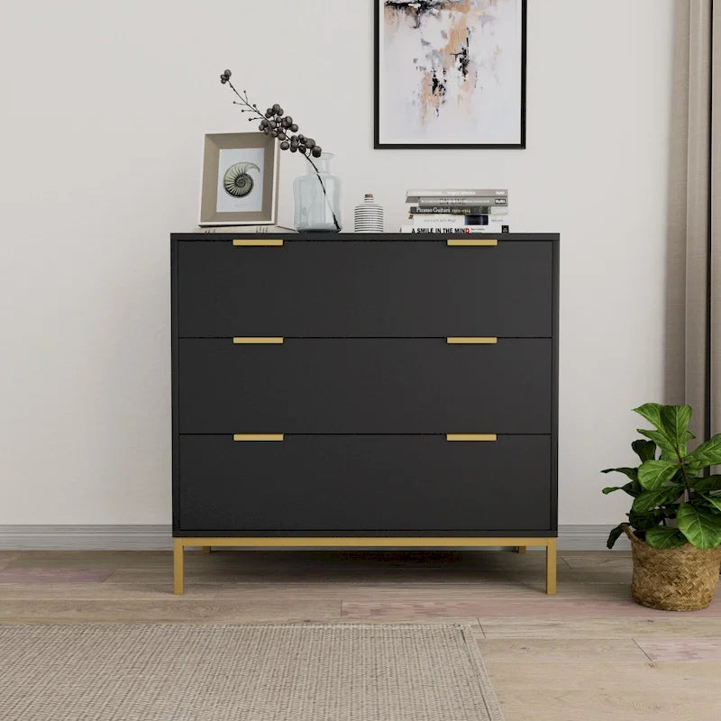 31.5 W 3-Drawer Black Dresser Modern Wood Chest of Drawers Storage Organizer for Bedroom