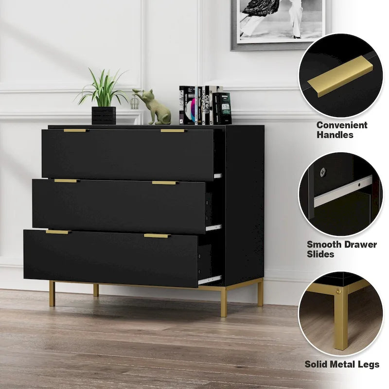 31.5 W 3-Drawer Black Dresser Modern Wood Chest of Drawers Storage Organizer