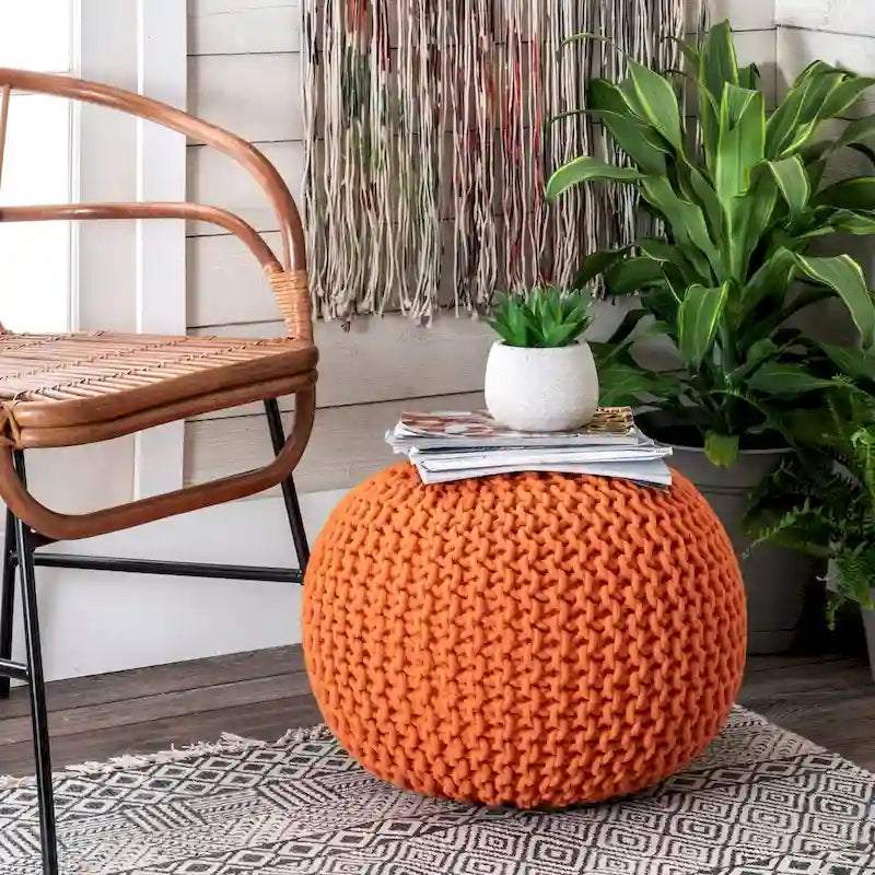 Knitted Solid Cotton Ottoman Pouf Footrest