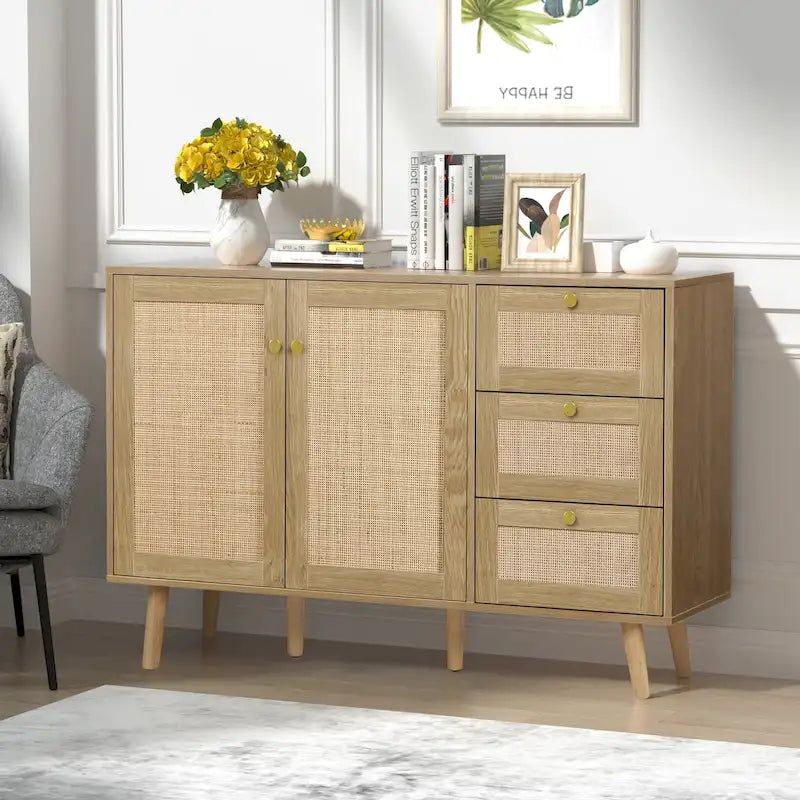 Modernes Sideboard aus Holz und Rattan im Mid-Century-Stil mit 2 Türen, Küchenschrank zur Aufbewahrung
