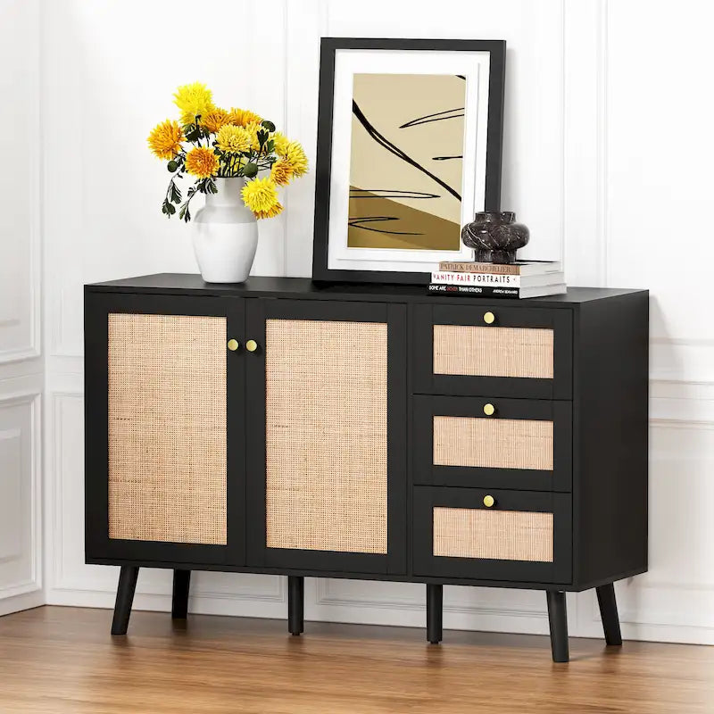 Mid-Century Modern 2-Door Wood Rattan Buffet Sideboard Kitchen Storage Cabinet