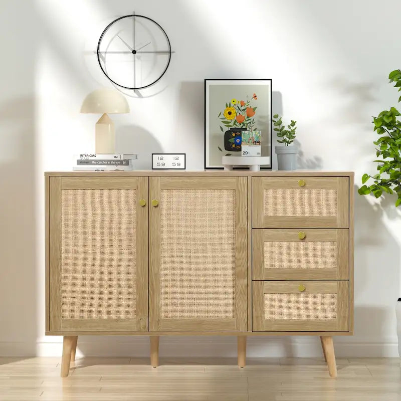 Mid-Century Modern 2-Door Wood Rattan Buffet Sideboard Kitchen Storage Cabinet