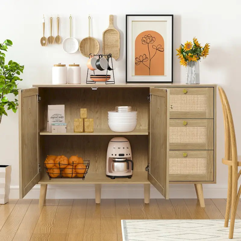 Mid-Century Modern 2-Door Wood Rattan Buffet Sideboard Kitchen Storage Cabinet