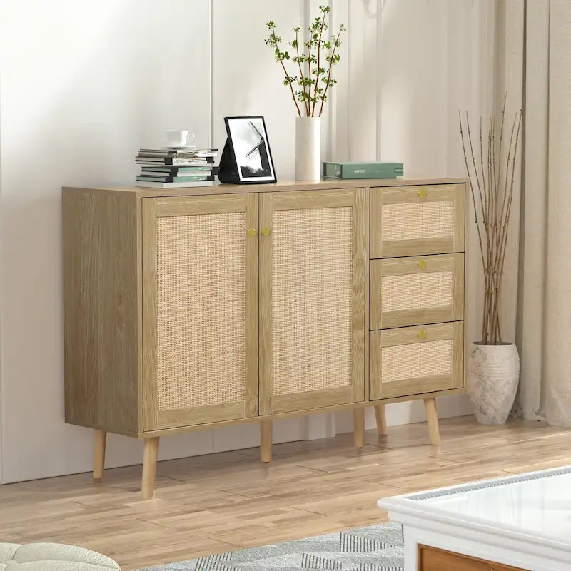 Mid-Century Modern 2-Door Wood Rattan Buffet Sideboard Kitchen Storage Cabinet