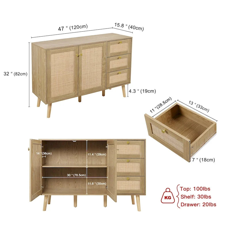 Modernes Sideboard aus Holz und Rattan im Mid-Century-Stil mit 2 Türen, Küchenschrank zur Aufbewahrung